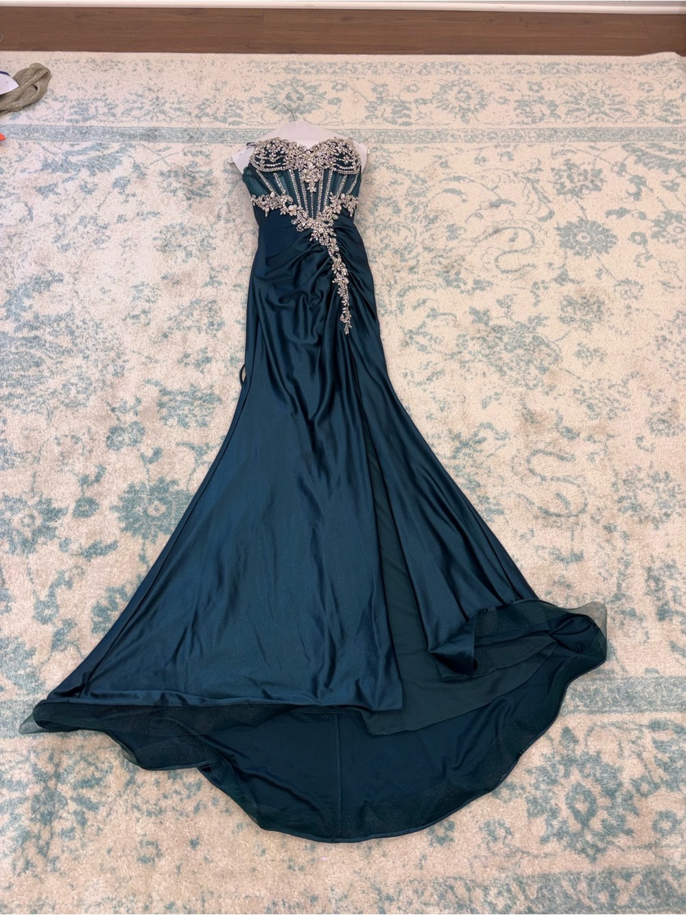 Embellished peacock Evening Gown with Sheer Bodice